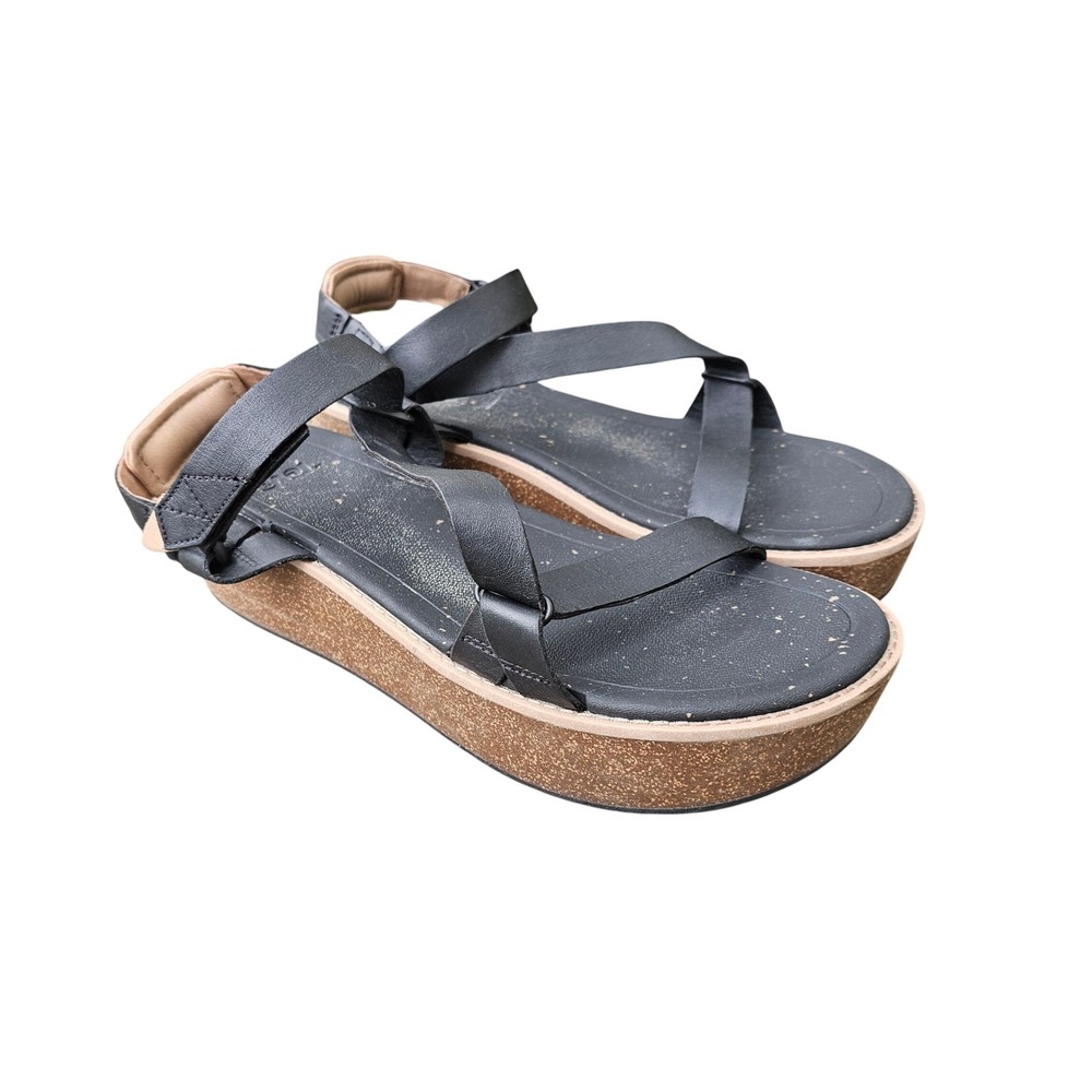 Teva Madera Womens 11 Black Leather Cork Platform Sandals Hiking Comfort Trail